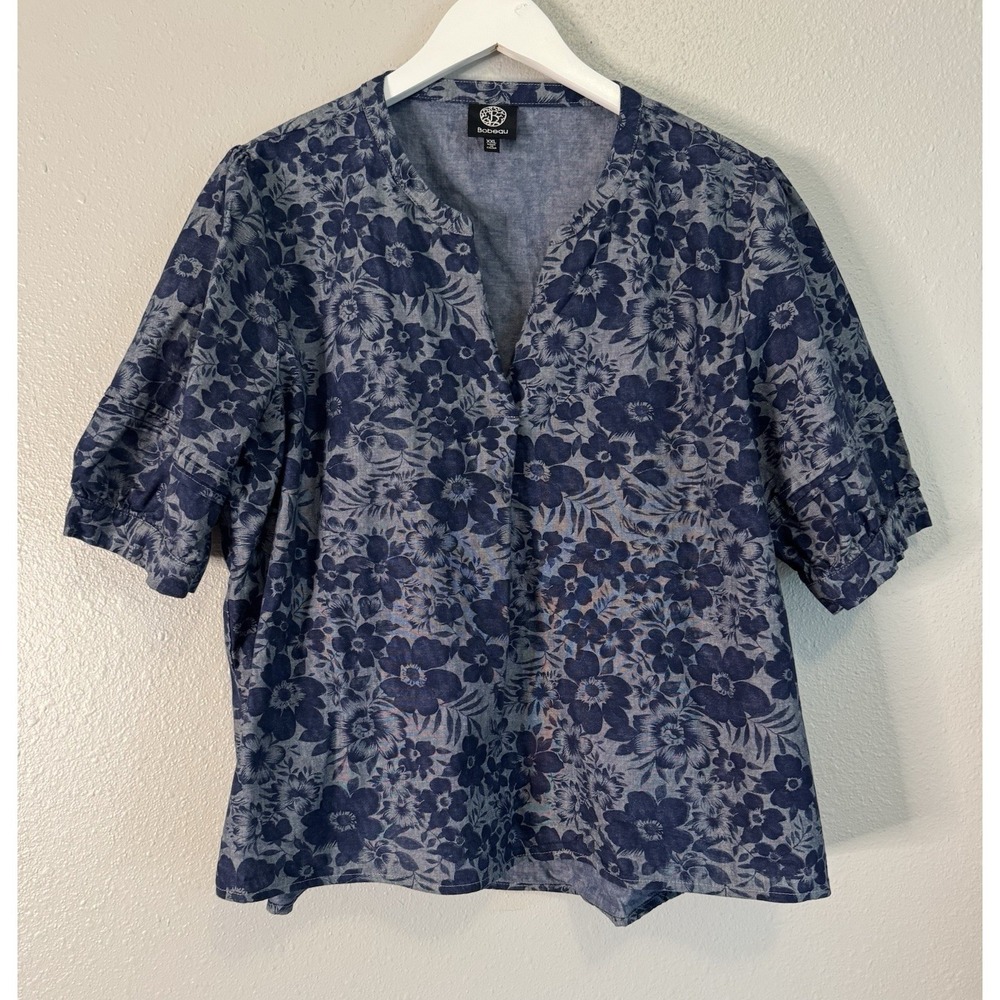 Bobeau Floral V-Neck Puff Sleeve Boho Coastal Cotton Blouse Plus Size XXL